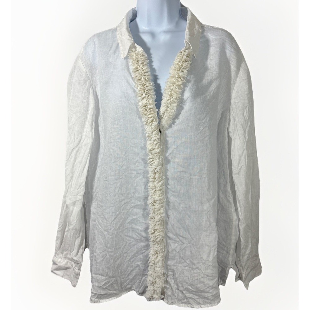 Chico's White 100% Linen Frayed Ruffle Button Down Blouse Shirt Long Sleeve